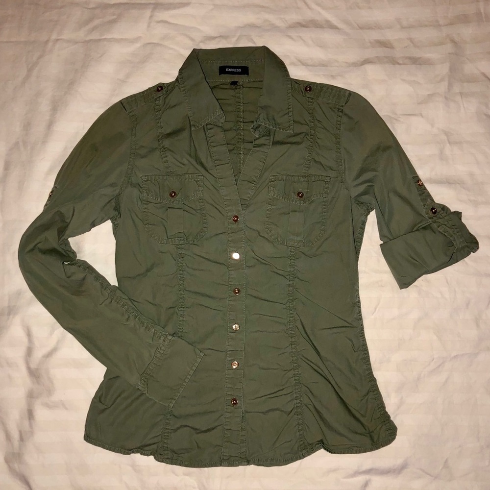 Express Olive Green Button Up Blouse Size Small